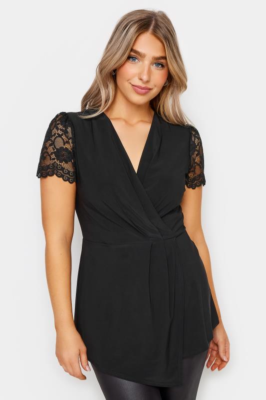 Women's  M&Co Black Lace Sleeve Asymmetric Wrap Top