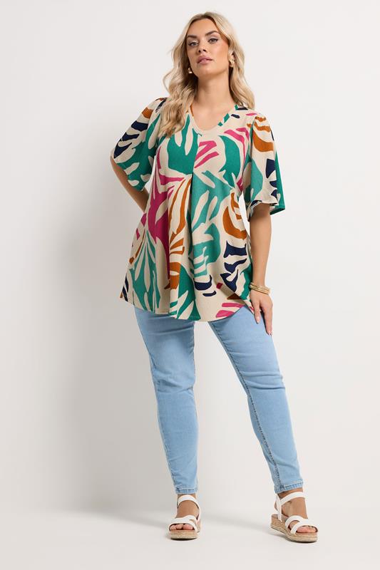 YOURS Plus Size Natural Brown Abstract Textured Pleated Front Top | Yours Clothing 1