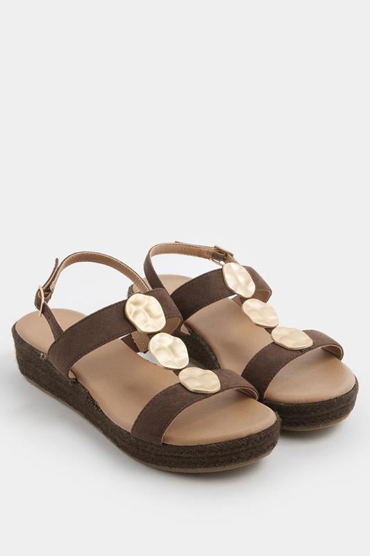 Chocolate Brown Hammered Disk Wedge Sandals In Wide E Fit