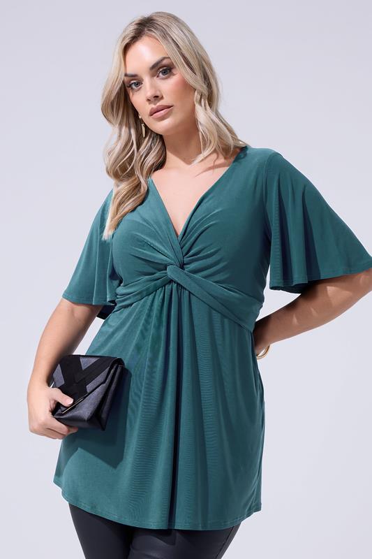 YOURS LONDON Plus Size Teal Blue Knot Detail Front Top | Yours Clothing 1