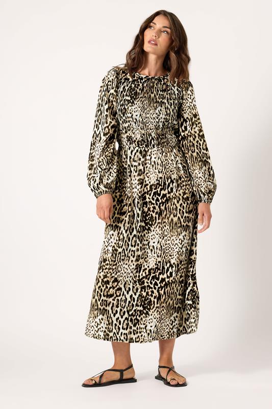 LTS Tall Natural Brown Animal Print Shirred Maxi Dress | Long Tall Sally 1