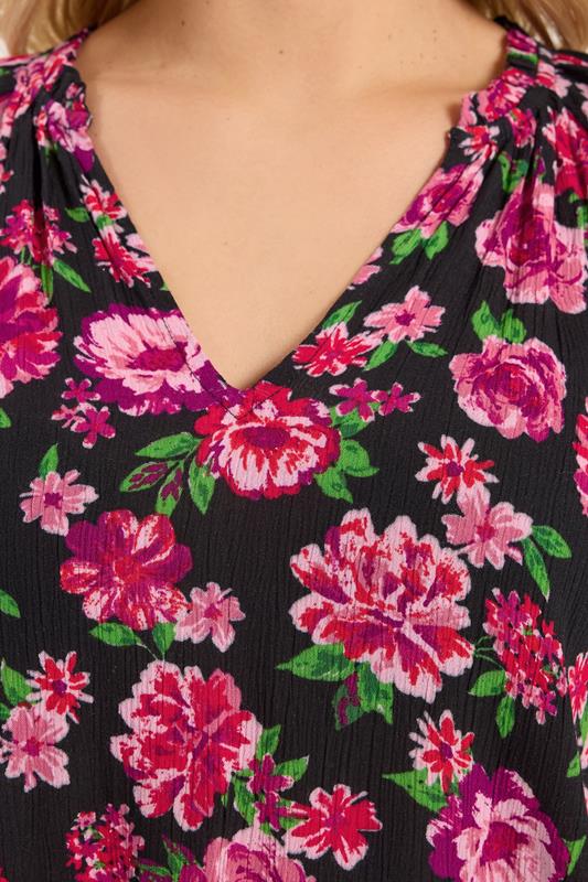 YOURS Plus Size Black & Pink Floral Notch Neck Blouse | Yours Clothng 4