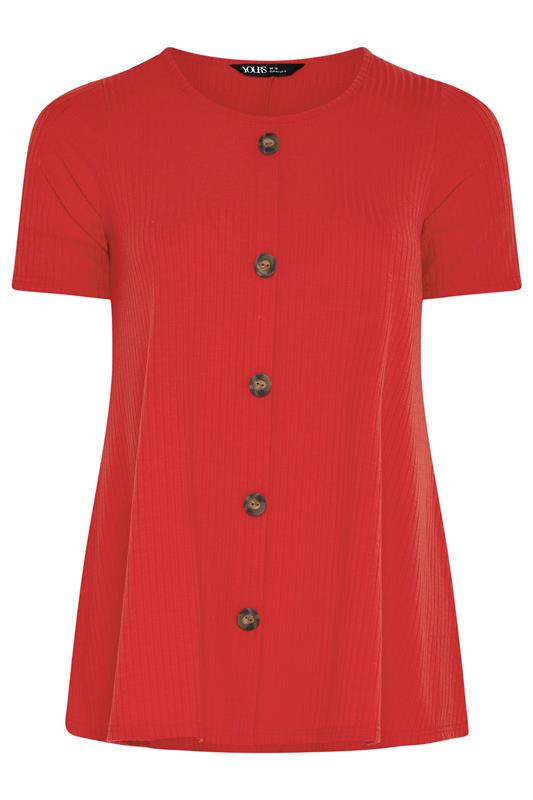 YOURS Plus Size Red Button Front Ribbed Swing Top | Yours Clothing 2
