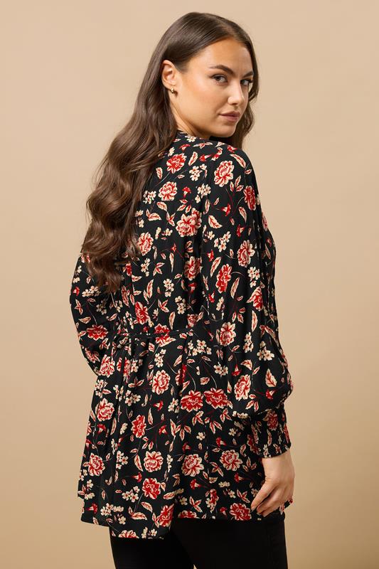 EVANS Plus Size Black & Red Floral Print Pintuck Blouse | Evans 2