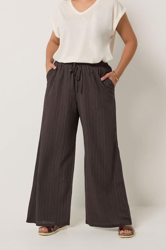 YOURS Curve Chocolate Brown Wide Leg Textured Trousers