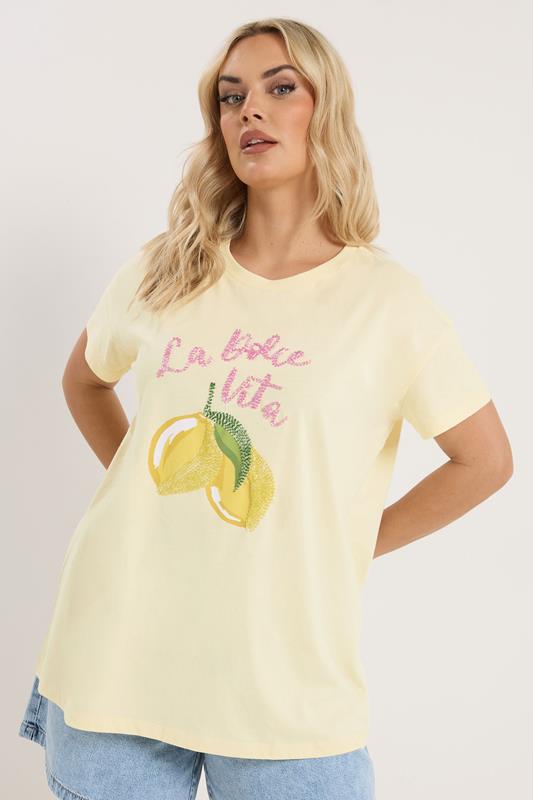 YOURS Curve Yellow Beaded Lemon Graphic T-Shirt