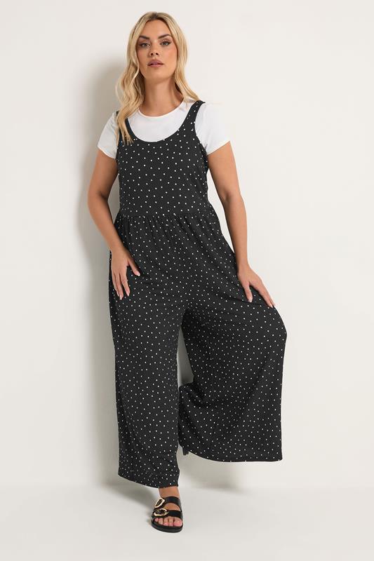 YOURS Plus Size Black Polka Dot Textured Jumpsuit | Yours Clothing 1