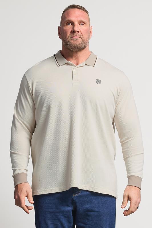  BadRhino Big & Tall Cream Textured Waffle Long Sleeve Polo Shirt