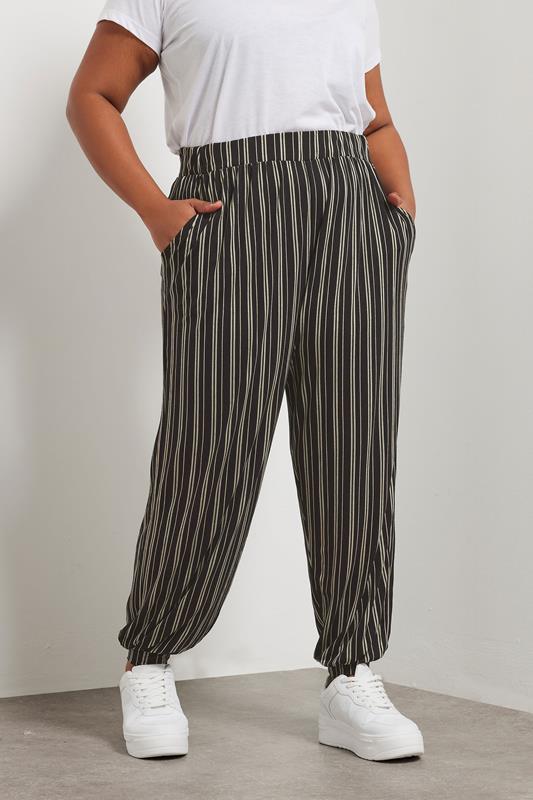 YOURS Plus Size Black Striped Jersey Cuffed Trousers | Yours Clothing 2