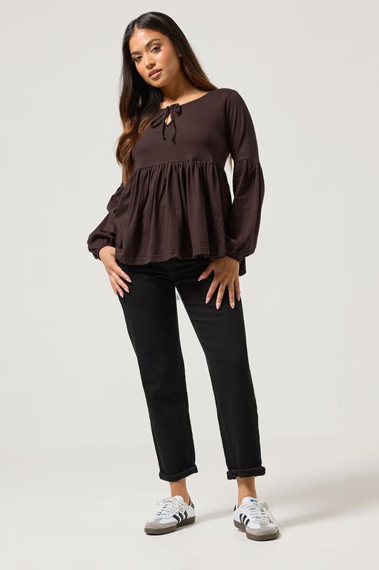 PixieGirl Petite Women's Chocolate Brown Tie Front Cotton Smock Top | PixieGirl 1