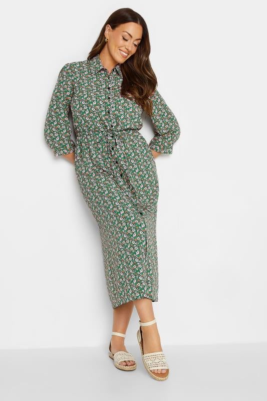 Women's  M&Co Green Floral Print Midi Shirt Dress