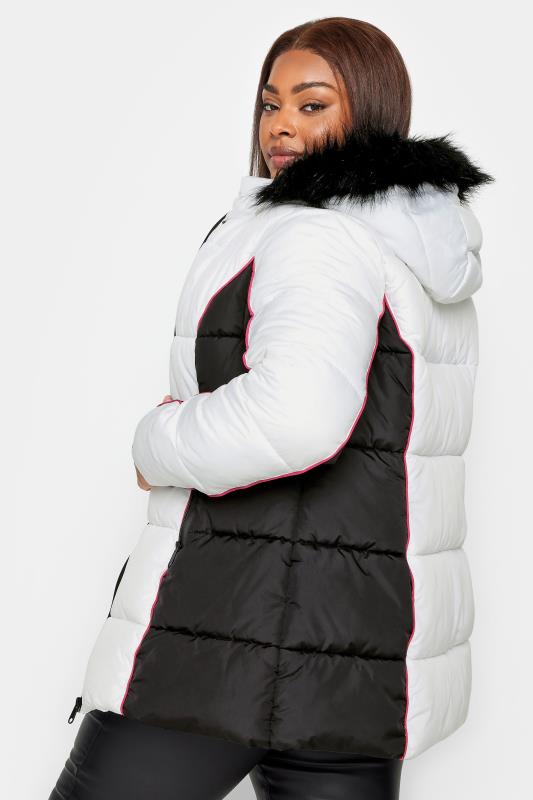 YOURS Plus Size White & Black Colourblock Hooded Puffer Jacket | YOURS Clothing 5