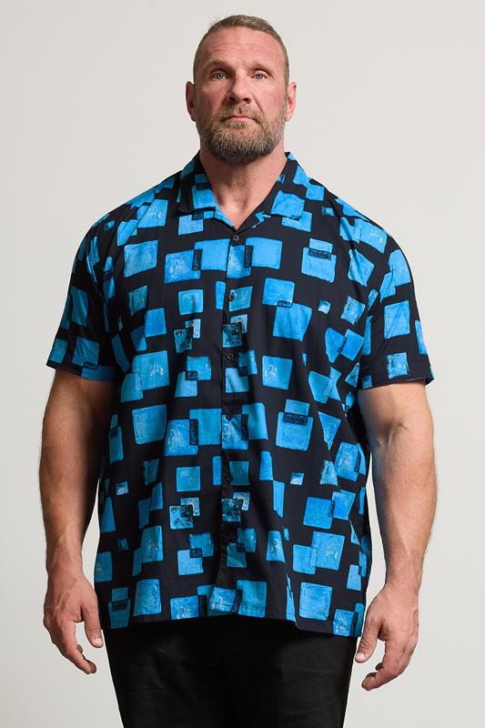 BadRhino BIg & Tall Navy Blue Square Print Peached Short Sleeve Shirt | BadRhino 1
