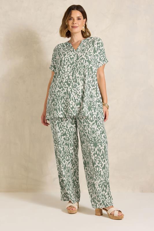 EVANS Curve Khaki Green Aztec Print Wide Leg Trouser