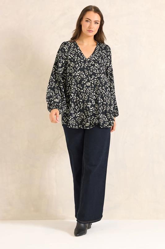 EVANS Plus Size Black Abstract Print Pleat Front Blouse | Evans 1