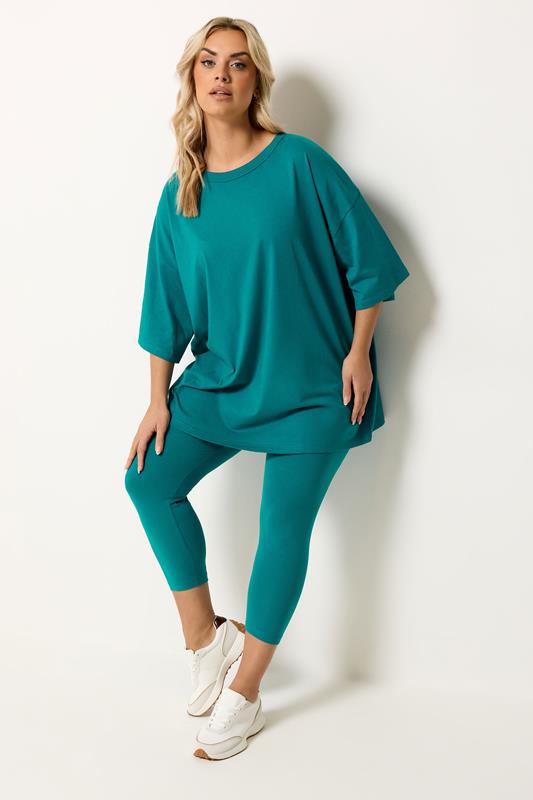 YOURS Plus Size Teal Blue Elasticated Waist Cropped Leggings | Yours Clothing 1