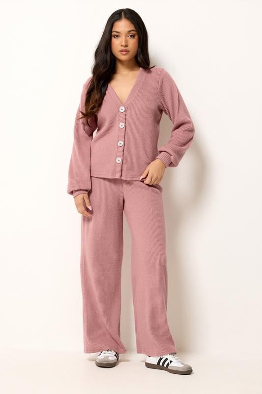 PixieGirl Petite Women's Pink Marl Ribbed Soft Touch Wide Leg Trousers | PixieGirl 1