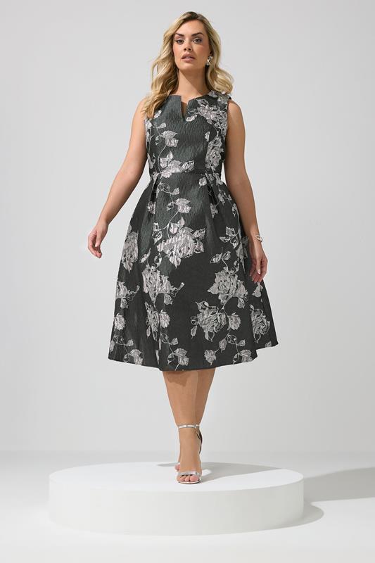 YOURS LONDON Plus Size Black Floral Premium Satin Jacquard Midi Dress | Yours Clothing 1