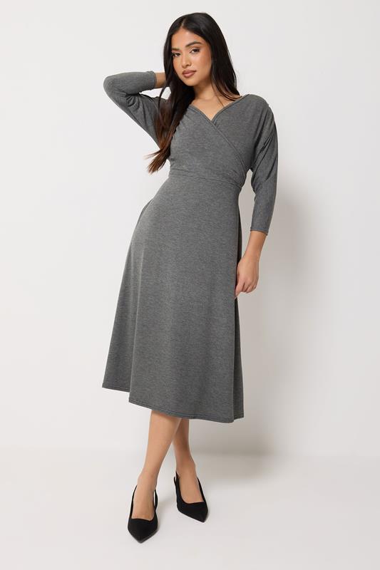 PixieGirl Petite Women's Charcoal Grey Wrap Midi Dress | PixieGirl 1