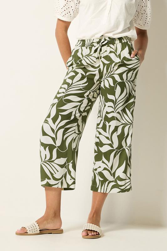 M&Co Khaki Green Leaf Print Cropped Trousers | M&Co 2