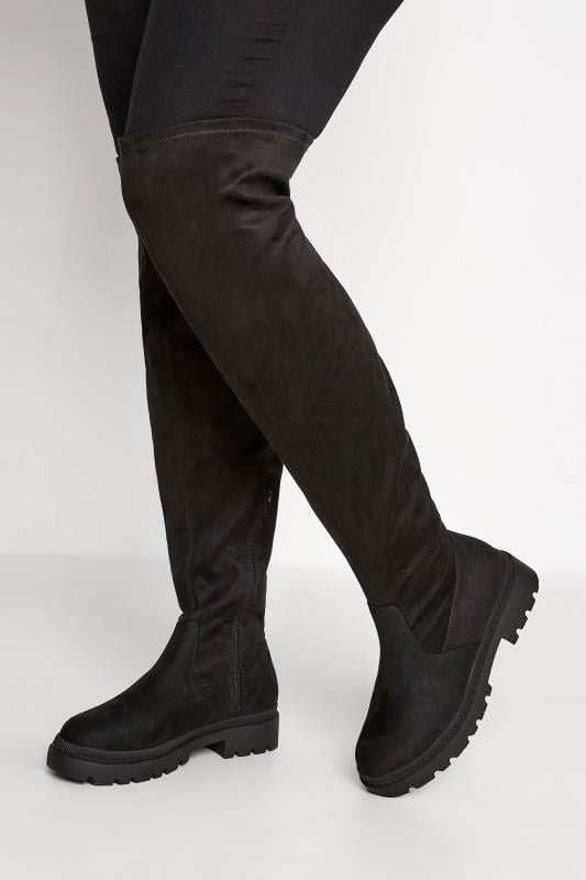 Plus Size  LIMITED COLLECTION Black Suede Over The Knee Chunky Boots In Wide E Fit & Extra Wide EEE Fit
