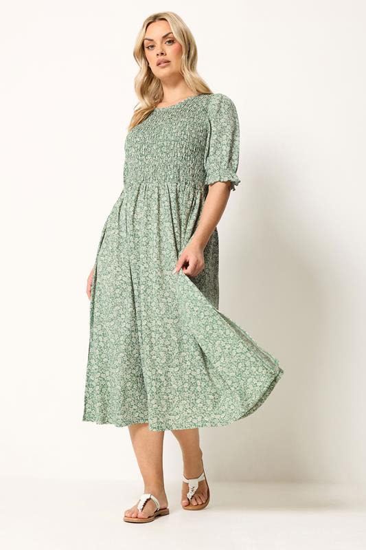 YOURS Curve Sage Green Shirred Ditsy Floral Dress