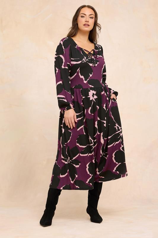 EVANS Plus Size Purple Floral Tie Neck Maxi Dress | Evans 1