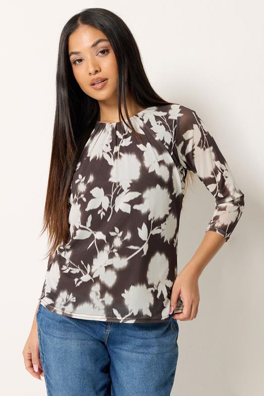  M&Co Petite Brown Floral Print Mesh Crew Neck Top
