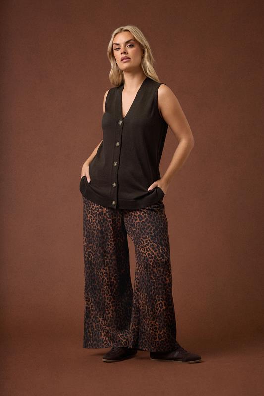 YOURS Plus Size Brown Leopard Print Crinkle Wide Leg Trousers | Yours Clothing 1