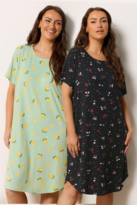 YOURSET Plus Size 2 PACK Black Lemon & Cherry Soft Touch Nightdresses | Yours Clothing 1