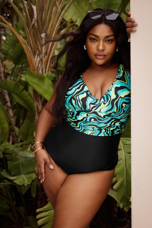 YOURS Plus Size Black Abstract Contrast Plunge Swimsuit | Yours Clothing 1