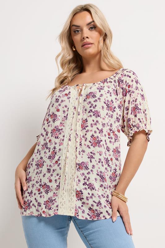 YOURS Plus Size Natural Brown Ditsy Floral Top | Yours Clothing 1