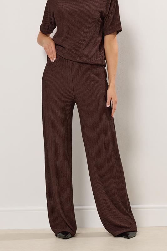 LTS Tall Brown Textured Elasticated Waist Wide Leg Trousers | Long Tall Sally 1
