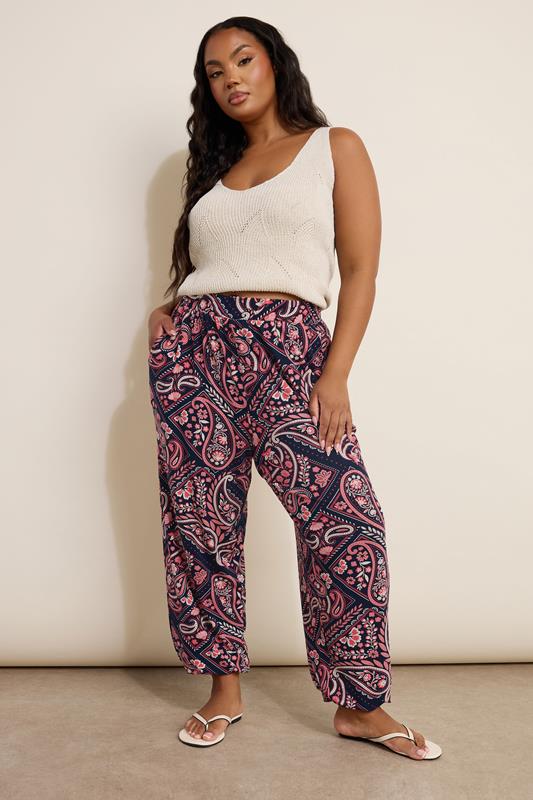 YOURS Plus Size Navy Blue Paisley Print Balloon Trousers | Yours Clothing 1