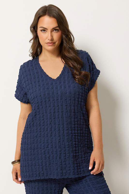 YOURS Curve Navy Blue Bubble Textured T-Shirt