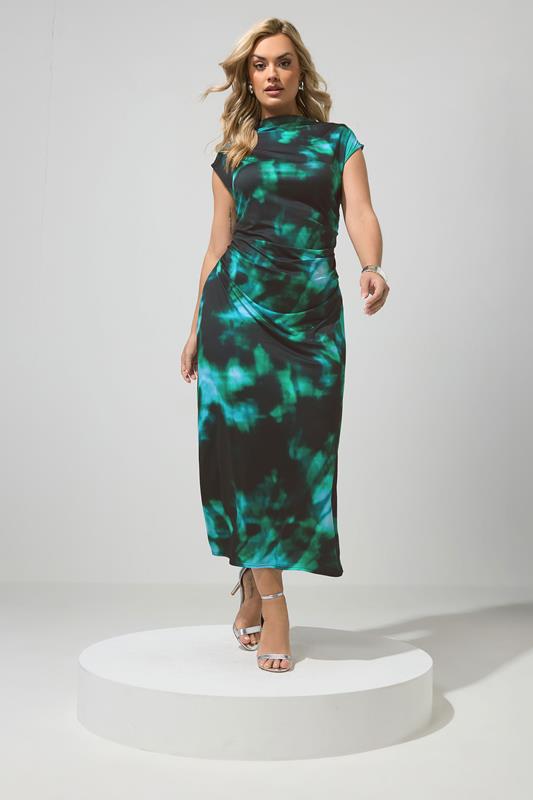 YOURS LONDON Plus Size Teal Blue Abstract Drape Dress | Yours Clothing 1