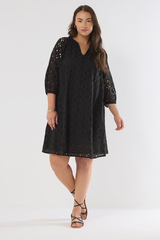 EVANS Plus Size Black Long Sleeve Broderie Dress | Evans 1