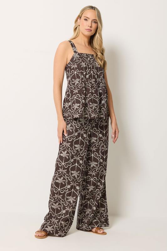  LTS Tall Set Chocolate Brown Palm Linen Vest Top & Wide Leg Trousers