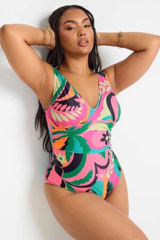YOURS Plus Size Floral Abstract Print Plunge Swimsuit | Yours Clothing 1