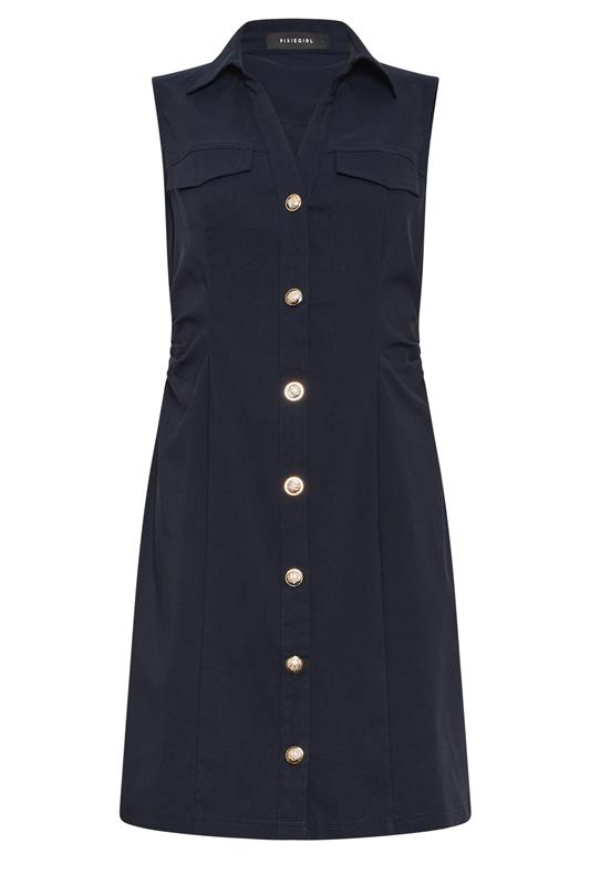 PixieGirl Petite Women's Navy Blue Ruched Shirt Mini Dress | PixieGirl 5