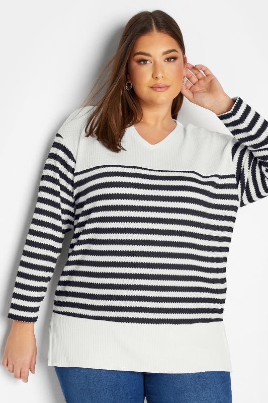 Plus Size  YOURS Curve White Stripe Long Sleeve Jumper