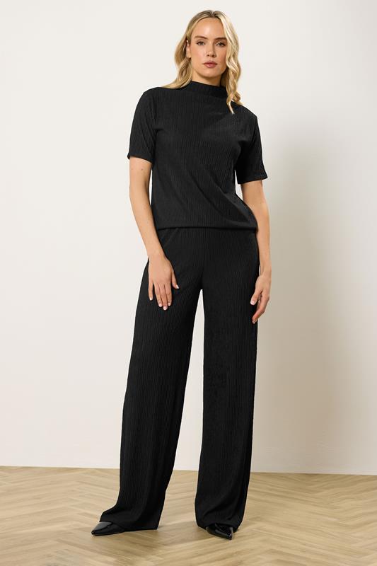 LTS Tall Black Textured Elasticated Waist Wide Leg Trousers | Long Tall Sally 1