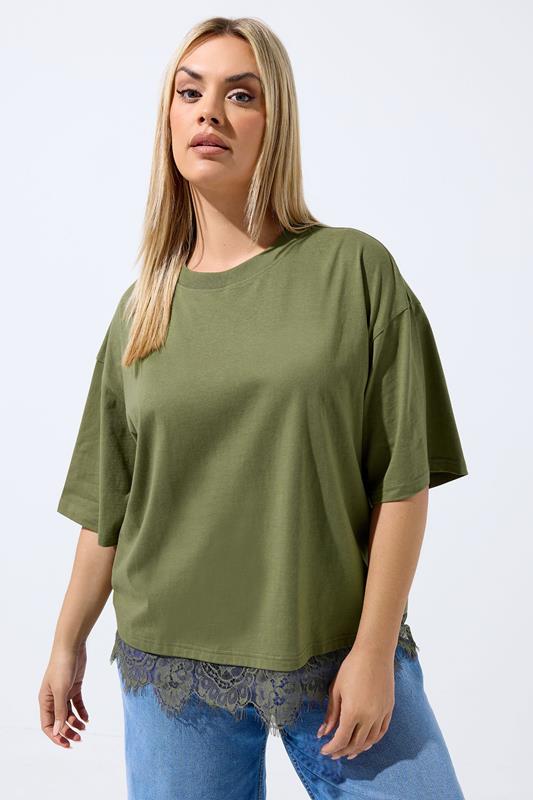 LIMITED COLLECTION Plus Size Khaki Green Oversized Lace Hem T-Shirt | Yours Clothing 1
