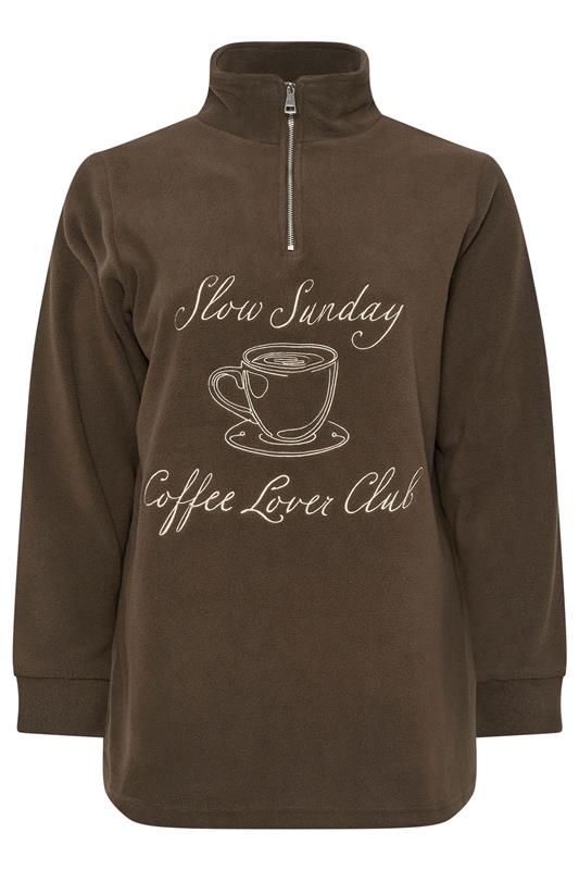 YOURS Plus Size Chocolate Brown 'Coffee Lover Club' Quarter Zip Fleece | Yours Clothing 6