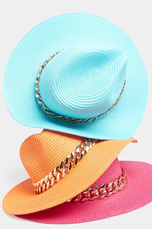 Bright Blue Straw Chain Fedora Hat | Yours Clothing  4