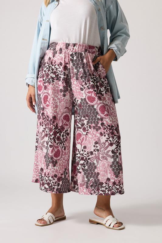 YOURS Curve Pink Paisley Print Textured Cropped Trousers