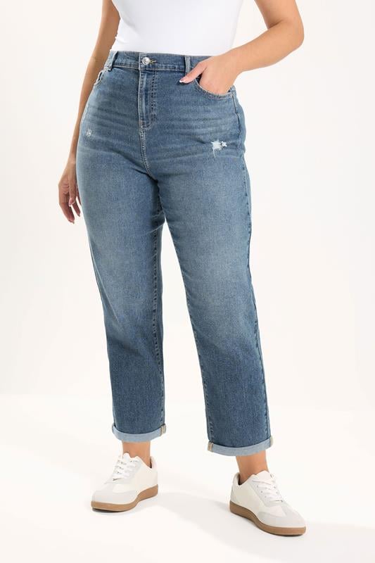 YOURS Curve Mid Blue Distressed Boyfriend Jeans