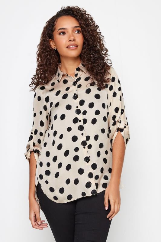 Women's  M&Co Natural Brown Geometric Print Tab Sleeve Shirt