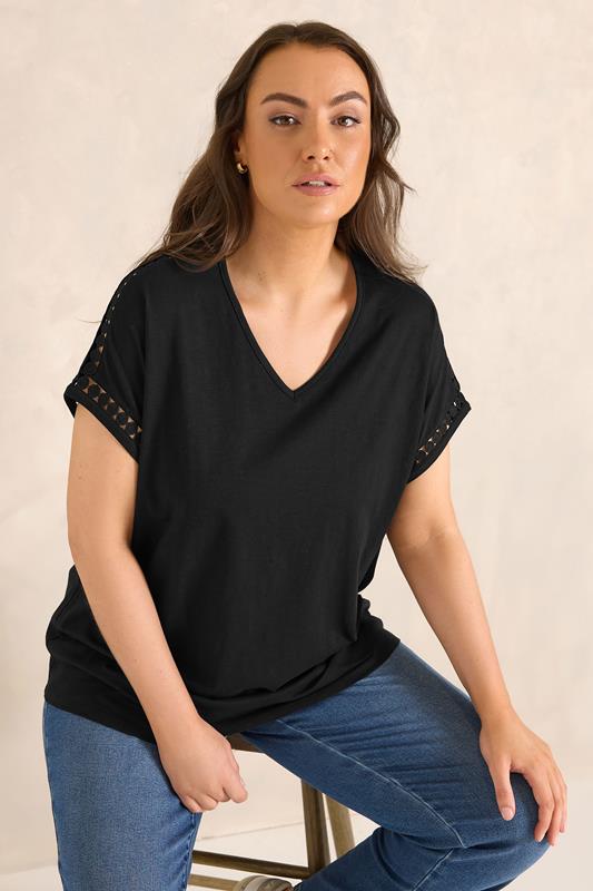 EVANS Plus Size Black Crochet Trim T-Shirt | Evans  1