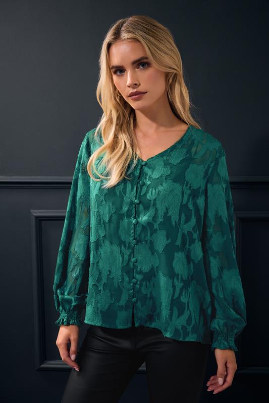 M&Co Petite Teal Green Floral Jacquard V-Neck Blouse | M&Co 2